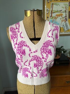 Anthropologie V-Neck Sweater Vest with Hot Pink Leopard Motif